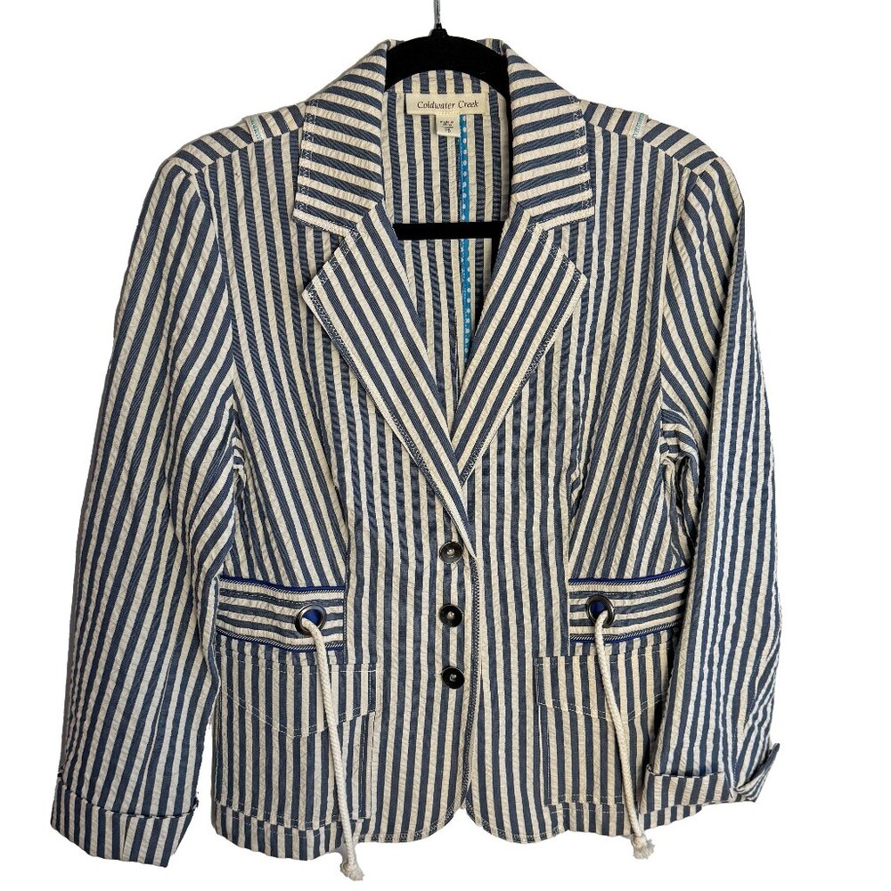 Coldwater Creek Blue and white striped Seersucker Jacket With Rope Tie Size P8